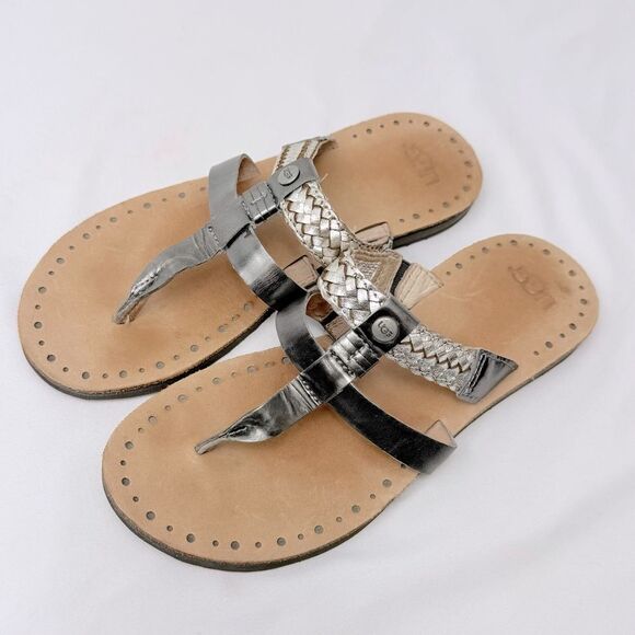 UGG Audra Metallic Silver Braid Leather Double Strap Thong Slide Boho Sandals - Picture 7 of 16